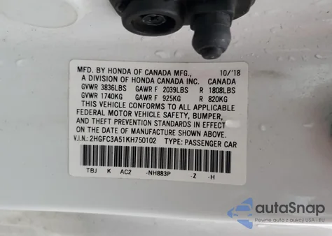 2019 Honda Civic Si z USA, uszkodzony, nr VIN 2HGFC3A51KH750102